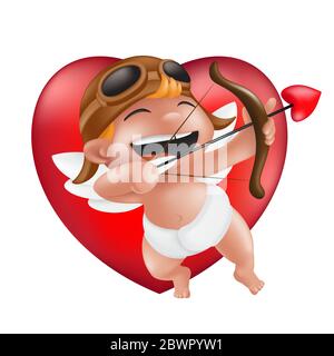 Niedlicher kleiner Junge Amor in Windel, Helm und Pilotenbrille, Lachen und Bogenschießen auf einem roten Herz. Vektor-Illustration für 14. februar Valentine's Da Stock Vektor