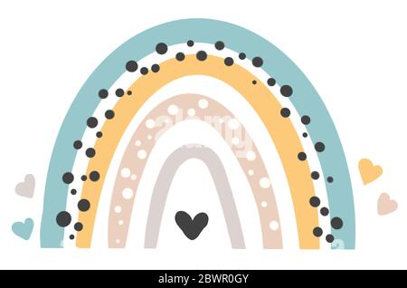 Illustration Farbe Cartoon Regenbogen in sanften Pastellfarben mit Elementen und Details auf einem weißen isolierten Hintergrund. Stockfoto