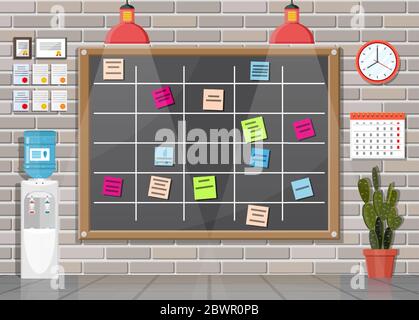 Scrum Agile Board im Büro-Interieur. An der Wand hängen die Pinnwände voller Aufgaben auf Haftnotizkarten. Liste der Ereignisse für Mitarbeiter. Entwicklung, Teamarbeit, Agenda to do Liste. Abbildung flacher Vektorgrafiken Stock Vektor