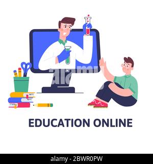 Chemieunterricht, Videokurs, Online-Bildung, Fernunterricht, Web-Seminar, Internet-Klasse, persönliche Lehrer-Service mit weiblichen Mentorin. Stock Vektor
