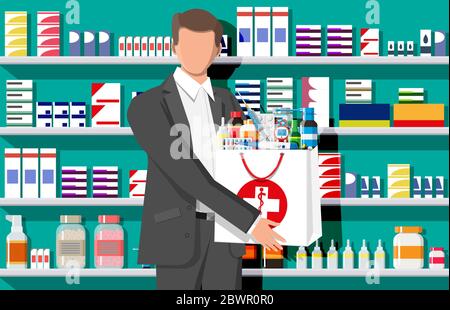 Mann, der die Drogerietasche vor der Apotheke hält. Set von Flaschen, Tabletten, Pillen, Kapseln und Sprays für Krankheit und Schmerzbehandlung. Medizinische Medikamente, Vitamin, Antibiotika. Abbildung flacher Vektorgrafiken Stock Vektor