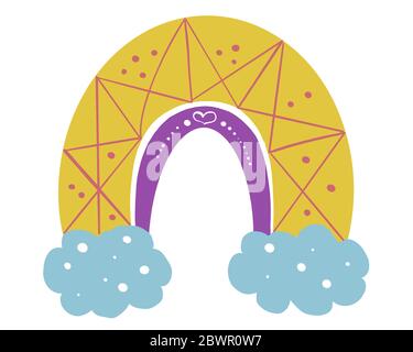 Illustration Farbe Cartoon Regenbogen in sanften Pastellfarben mit Elementen und Details auf einem weißen isolierten Hintergrund. Stockfoto