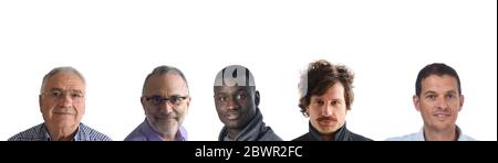 Porträts von mehreren Männern auf weißem Hintergrund Stockfoto