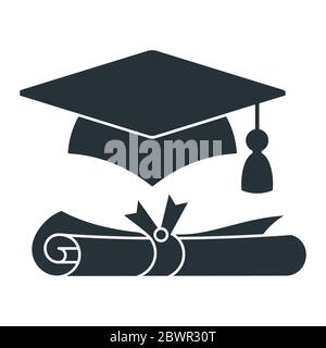 Graduierungskappe mit Diplom Vektor schwarz Symbol. Stock Vektor