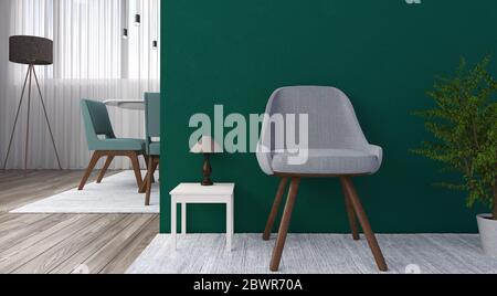 3D-Rendering eines Wartezimmers im Tageslicht, mit moderner grüner Wand. Eine komfortable Atmosphäre mit grün bemalten Wand, Kontrast in den Farben. Stockfoto