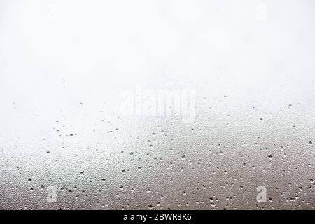 Wassertropfen isoliert auf weißem Hintergrund. Kondensierte realistische Tropfen. Transparente Dampfblasen auf der Fensterglasfläche für Ihr Design Stockfoto