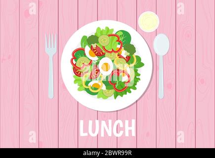 Vektor-Illustration von Mittagessen auf rosa Tisch Holzhintergrund gesetzt Stock Vektor