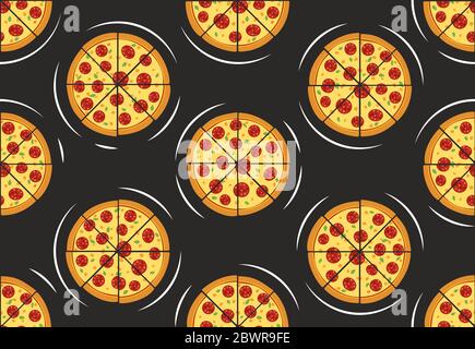 Nahtlose Muster von Pizza isoliert auf schwarzem Hintergrund Stock Vektor
