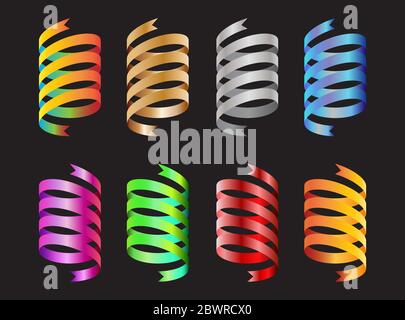 Sammlung von bunten Spiralband dekorative Elemente Vektor-Set isoliert auf schwarzem Hintergrund Stock Vektor