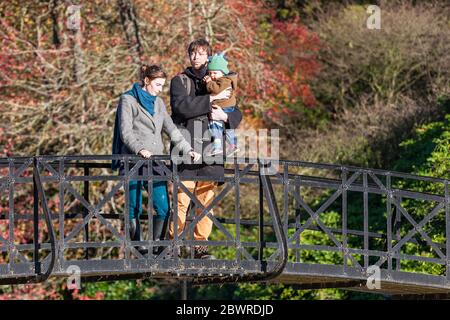 Junge Familie, die Herbstsonne im Sheffield Park, East Sussex, England, Großbritannien genießen. MODELL FREIGEGEBEN Stockfoto