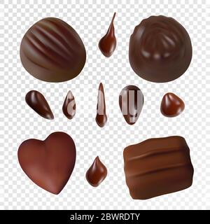 Verschiedene Pralinen auf transparentem Hintergrund. Vektor realistische Set von Schokolade Tropfen und Süßigkeiten Bonbons Stock Vektor