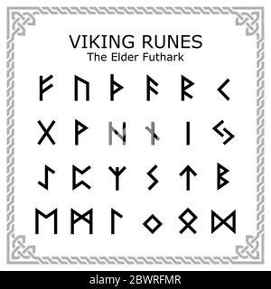 Viking Runes - The Elder Futhark Alphabet Vektor Design in keltischen Rahmen gesetzt Stock Vektor