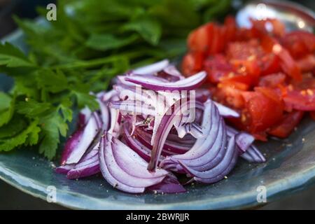Rohzutaten für einen frischen Salat oder Wickelfüllung mit roten Zwiebeln, Tomaten und Kräutern, Nahaufnahme, ausgewählter Fokus und sehr schmaler Schärfentiefe Stockfoto