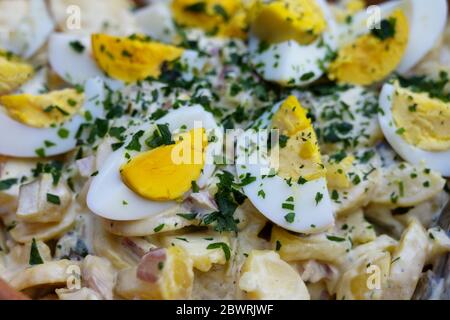 Kartoffelsalat mit gekochten Eiern und Kräutern garniert, Vollbildaufnahme Nahaufnahme, ausgewählter Fokus schmale Schärfentiefe Stockfoto