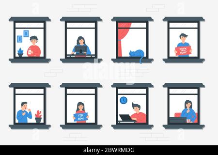 Konzept „Bleib zu Hause“. Isolation von Menschen während der COVID-19 Pandemie. Hausfassade mit Fenstern. Die Leute schauen aus der Wohnung. Selbstisolierung. Stock Vektor