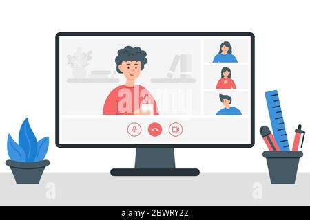 Videokonferenz-Illustration. Bleiben und arbeiten Sie von zu Hause aus. Kollegen sprechen miteinander auf dem Computerbildschirm. Online-Meeting Arbeit Formular zu Hause. Stock Vektor