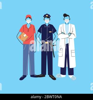 Vielen Dank an wichtige Arbeitnehmer, verschiedene Berufe Menschen tragen Gesichtsmasken Vektor Illustration Design Stock Vektor