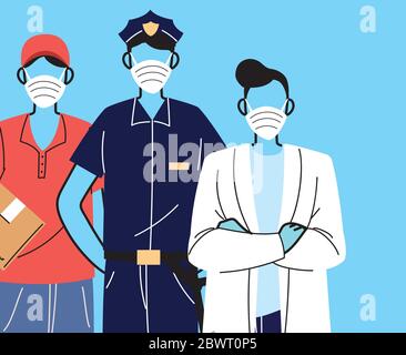 Vielen Dank an wichtige Arbeitnehmer, verschiedene Berufe Menschen tragen Gesichtsmasken Vektor Illustration Design Stock Vektor
