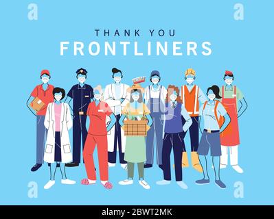 Vielen Dank an wichtige Arbeitnehmer, verschiedene Berufe Menschen tragen Gesichtsmasken Vektor Illustration Design Stock Vektor