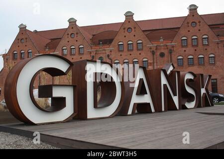 Pastellfarbene Gebäude in Danzig, Polen Stockfoto