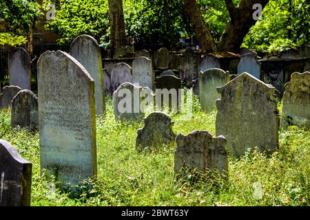 Grabsteine in hohem Gras auf dem viktorianischen Bunhill Fields Begräbnisgelände, Old Street, London, Großbritannien Stockfoto