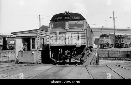 Diesellokomotive der Baureihe 442 Nr. 44232 auf dem Drehteller im Broadmeadow Lokomotivdepot, Newcastle, New South Wales, Australien. 1987. Stockfoto