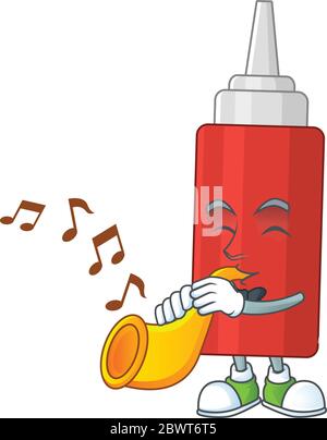 Talentierter Musiker von Soße Flasche Maskottchen Design spielt Musik mit einer Trompete Stock Vektor