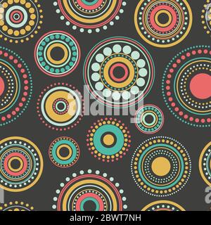 Nahtlose abstrakte Muster aus blauen, orangefarbenen und grünen Kreisen und Punkten auf schwarzem Hintergrund. Kaleidoskop Ornament. Mandala Tapete, gut zum Drucken. Stock Vektor