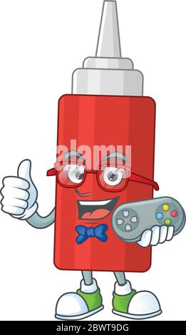 Cartoon Maskottchen Design von Soße Flasche spielen ein Spiel mit Controller Stock Vektor