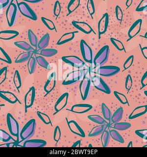 Verstreute Blumen und Blätter nahtlose Vektor-Muster Hintergrund. Malerisch blüht Laub mit versetzter Farbe auf texturiertem rosa Hintergrund. Girly botanisch Stock Vektor