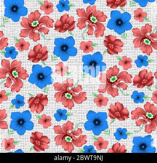 Nahtloses Muster mit Frühlingsblumen und Blättern. Handgezeichneter Hintergrund. Blumenmuster für Tapete oder Stoff. Blumenrosen. Botanische Kachel. Stockfoto