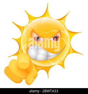 Emoticon Der Bösen Sommersonne. Wütender Sun Emoji zeigt auf dich. Isoliert auf weißem Hintergrund. Stockfoto