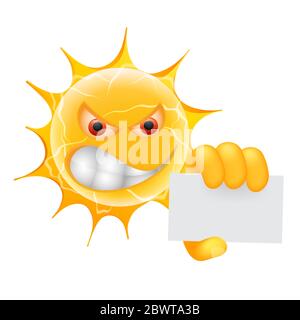 Emoticon Der Bösen Sommersonne. Wütender Sun Emoji mit Kartenvorlage. Isoliert auf weißem Hintergrund. Stockfoto