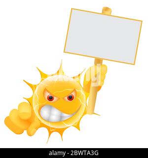 Emoticon Der Bösen Sommersonne. Wütender Sun Emoji zeigt auf dich mit Zeichenvorlage. Fügen Sie Ihre Nachricht in das Feld am Schild ein. Isoliert auf weißem Hintergrund. Stockfoto