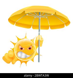 Emoticon Der Bösen Sommersonne. Wütender Sun Emoji zeigt auf dich mit einem Sonnenschirm in der Hand. Isoliert auf weißem Hintergrund. Stockfoto