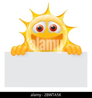 Viel Spaß Beim Sommer Sonne Emoticon. Happy Sun Emoji mit Banner Vorlage. Fügen Sie Ihre Nachricht an die leere Stelle am Banner hinzu. Illustration Für Den Sommer. Stockfoto