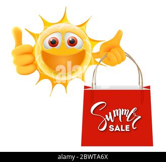 Viel Spaß Beim Sommer Sonne Emoticon. Happy Sun Emoji mit Daumen hoch und Einkaufstasche in der Hand. Die Sommerzeit-Illustration ist gut für den Sommer-Verkauf. Stockfoto