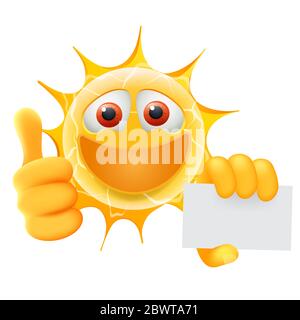 Viel Spaß Beim Sommer Sonne Emoticon. Happy Sun Emoji mit Daumen nach oben und Karte Vorlage. Fügen Sie Ihre Nachricht an die leere Stelle auf der Karte. Illustration Für Den Sommer. Stockfoto
