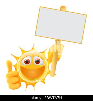 Viel Spaß Beim Sommer Sonne Emoticon. Happy Sun Emoji mit Schild Vorlage. Fügen Sie Ihre Nachricht an die leere Stelle am Schild. Illustration Für Den Sommer Stockfoto