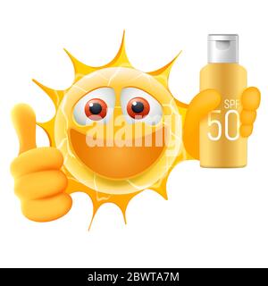 Viel Spaß Beim Sommer Sonne Emoticon. Happy Sun Emoji mit Daumen nach oben und Sonnencreme Flasche in der Hand. Illustration Für Den Sommer. Isoliert auf weißem Hintergrund. Stockfoto