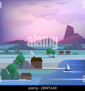 Vektorlandschaft, Holzhaus, See und Berge Stock Vektor