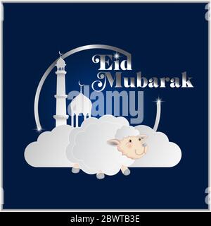 Eid Mubarak Islamische Grußkarte mit niedlichen kleinen Lamm und Moschee Silhouette mit blauem Hintergrund Stockfoto