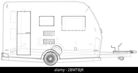 Ziehen Sie hinter dem Wohnmobil. Drahtrahmen. Vektorgrafik des Trailers. Die Schichten von sichtbaren und unsichtbaren Linien werden getrennt. EPS10-Format. Stock Vektor