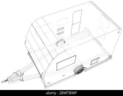 Wohnmobil-Anhänger Isoliert. 3D-Rendering. Drahtrahmen. Die Schichten von sichtbaren und unsichtbaren Linien werden getrennt. EPS10-Format. Stock Vektor