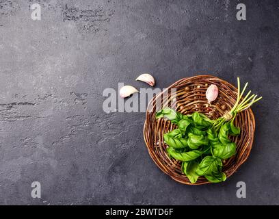 Frische Gartenkräuter. Draufsicht des grünen Basilikums auf schwarzem Hintergrund. Stockfoto