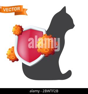 Der rote antibakterielle Schild schützt vor Keimen oder Viruszellen auf der Silhouette des Katzentieres. Schützende Bakterien- und Virenschutz-Konzept Vektor Stock Vektor