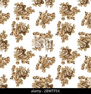 Nahtloses Muster mit Frühlingsblumen und Blättern. Handgezeichneter Hintergrund. Blumenmuster für Tapete oder Stoff. Blumenrosen. Botanische Kachel. Stockfoto
