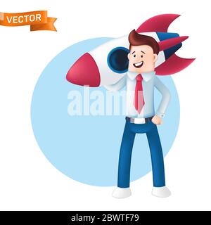 Lächelnder Geschäftsmann in einem blauen Hemd mit Krawatte hält die Rakete auf seiner Schulter. Vektorcharakter eines glücklichen Büroleiters oder Teamleiters mit Witz Stock Vektor