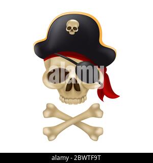 Piratenschädel mit Querknochen im Kapitänshut. 3D-Zeichen oder Bukkaneer-Emblem. Lustige Vektorgrafik von fröhlichem roger mit einem roten Bandana und schwarz Stock Vektor