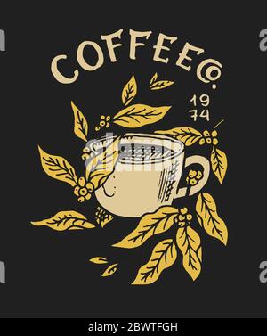 Tasse Kaffee mit Blättern. Logo und Emblem für Shop. Kakaobohnen und Getreide. Retro-Abzeichen im Vintage-Stil. Vorlagen für T-Shirts, Typografie oder Schilder Stock Vektor